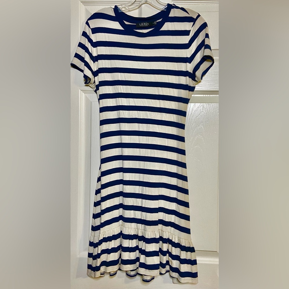 Ralph Lauren Black Label Blue and White Puff Sleeve Midi Dress
